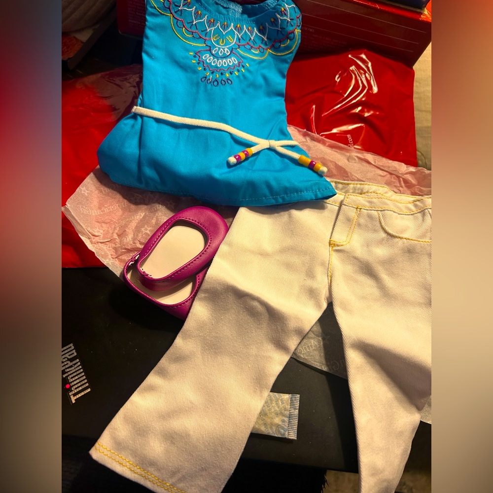 American Girl Tunic Set Blue Embroidered Top and White Pants Set
